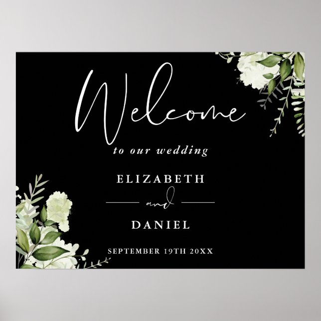 Greenery Black And White Wedding Welcome Sign (Front)