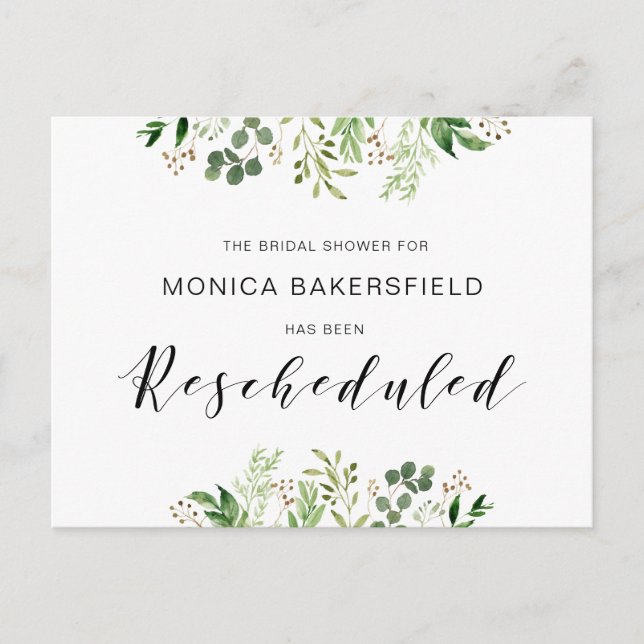 Greenery, Black font, Bridal Shower Reschedule Postcard (Front)