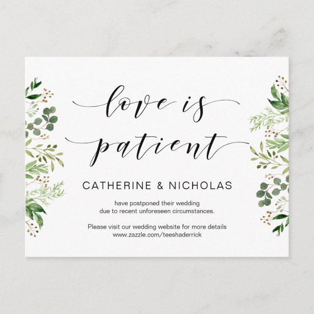Greenery, Black, Modern Wedding Postponement Postcard (Front)