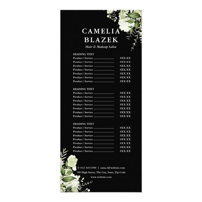 Greenery Black Salon Service Menu Price List (Front)