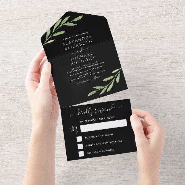 Greenery Black Simple Elegant Wedding All In One Invitation (Tearaway)