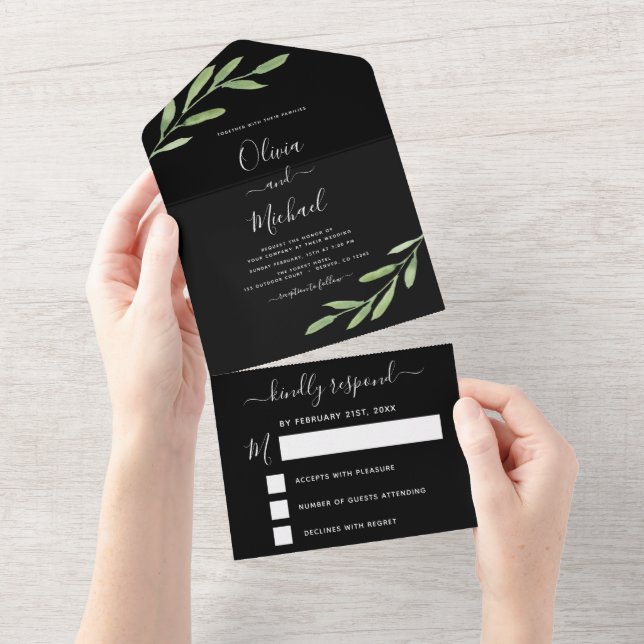 Greenery Black Simple Elegant Wedding RSVP All In One Invitation (Tearaway)