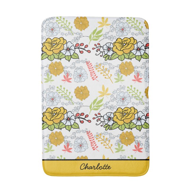 Greenery blossom floral pattern personalised name bath mat (Front Vertical)
