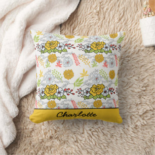 Greenery blossom floral pattern personalised name cushion
