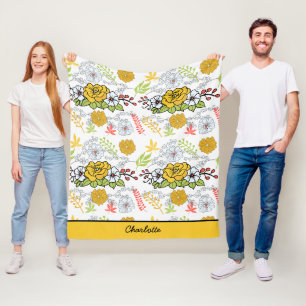Greenery blossom floral pattern personalised name fleece blanket
