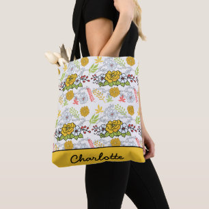 Greenery blossom floral pattern personalised name  tote bag