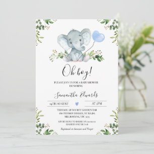 Greenery Blue Balloon Elephant Oh Boy Baby Shower Invitation