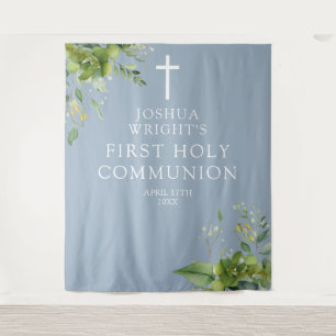 Greenery Blue First Holy Communion Photo Backdrop Tapestry