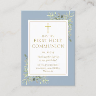 Greenery Blue First Holy Communion Prayer Card