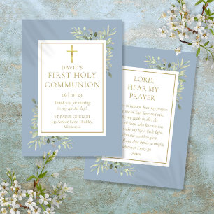 Greenery Blue First Holy Communion Prayer Card