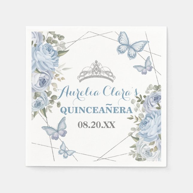 Greenery Blue Floral Butterflies 16th Quinceañera  Napkin (Front)