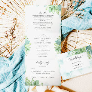 Greenery, Blue Green Watercolor with RSVP Wedding  Tri-Fold Invitation