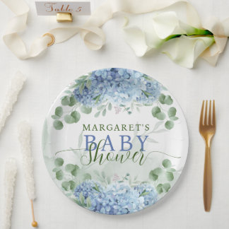 Greenery Blue hydrangea Its a Boy Baby Shower Paper Plate