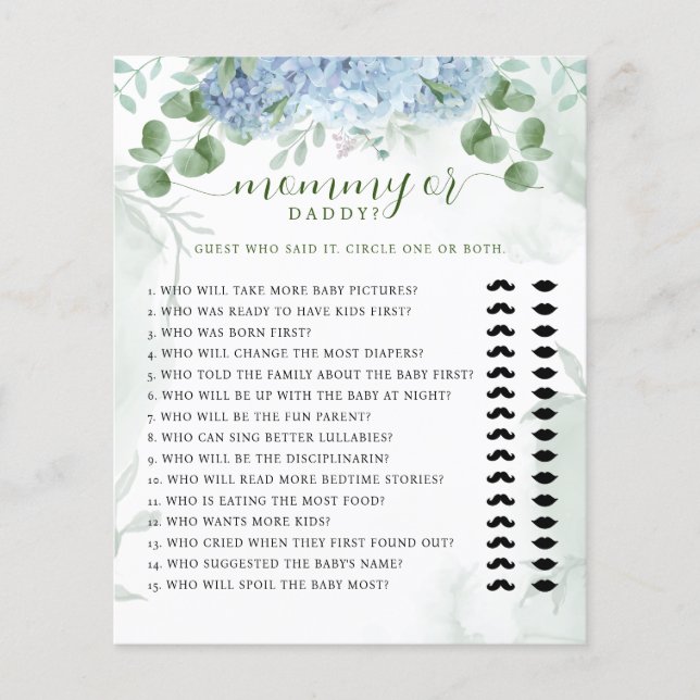 Greenery Blue hydrangea Mummy or Daddy Baby Shower (Front)