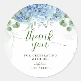 Greenery Blue hydrangea Thank You Baby Shower  Classic Round Sticker