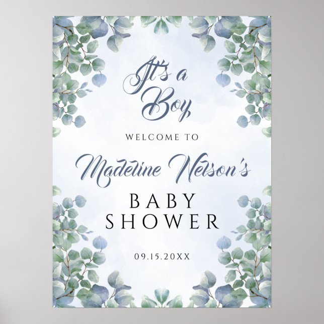 Greenery Blue Its a Boy Baby Shower Welcome Poster (Front)