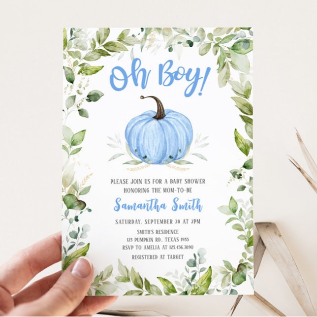 Greenery Blue Pumpkin Baby Shower  Invitation (Oh Boy Pumpkin Baby Shower Invitation)