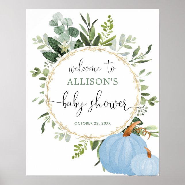 Greenery blue pumpkins baby shower welcome sign (Front)