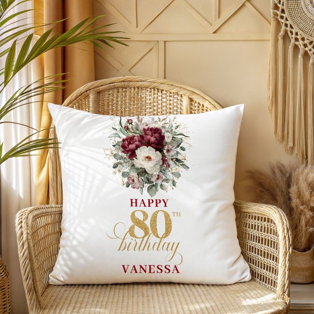 Greenery Blush Burgundy 80th Birthday Gift Pillow (Greenery Blush Burgundy 80th Birthday Gift Pillow)