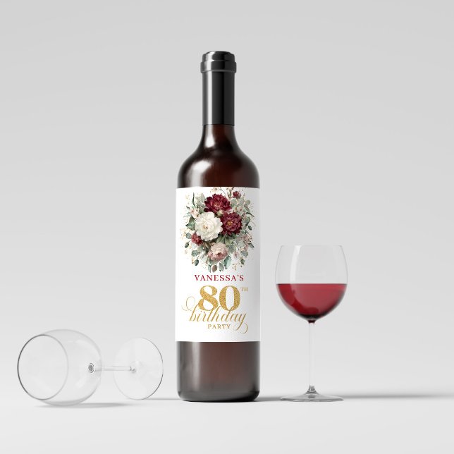 Greenery Blush Burgundy 80th Birthday Wine Labels (Greenery Blush Burgundy 80th Birthday Wine Labels)