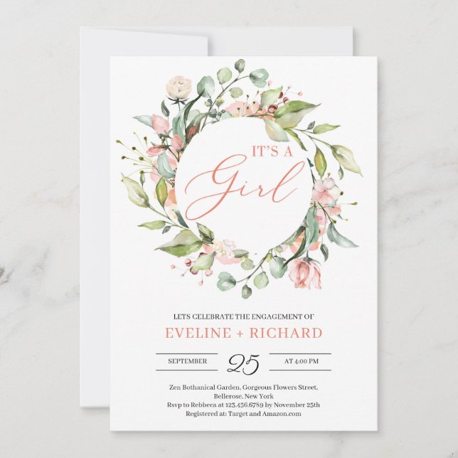 Greenery blush floral wreath script it's a girl invitation (Front)