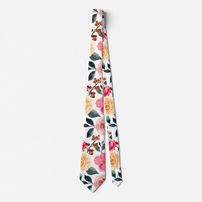 Greenery Blush Peach Pretty Floral Pattern Tie (Front)