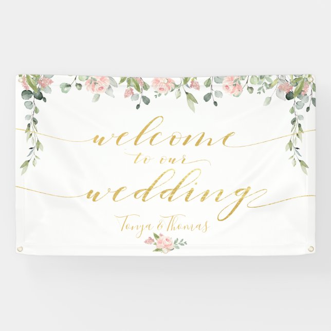 Greenery & Blush Pink Gold Calligraphy Welcome Banner (Horizontal)