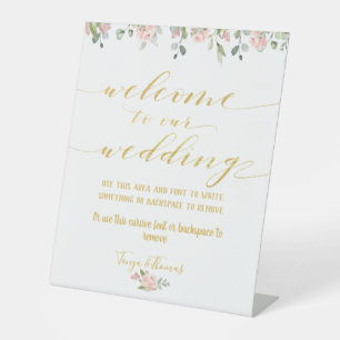 Greenery Blush Pink Gold Fancy Calligraphy Welcome Pedestal Sign