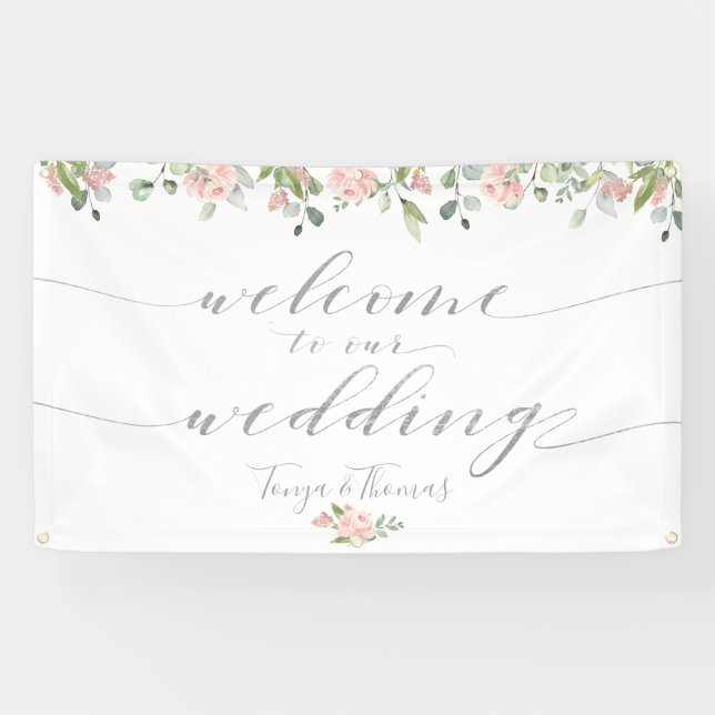 Greenery & Blush Pink Silver Calligraphy Welcome Banner (Horizontal)