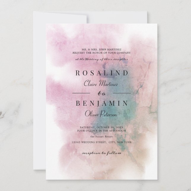 Greenery Blush Pink Watercolor Abstract Wedding Invitation (Front)