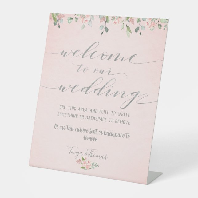 Greenery Blush & Silver Fancy Calligraphy Welcome Pedestal Sign (Front)