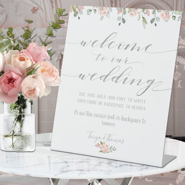 Greenery Blush & Silver Fancy Calligraphy Welcome Pedestal Sign (Creator Uploaded)