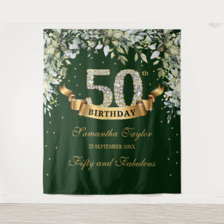 Greenery boho foliage and gold 50th birthday tapestry