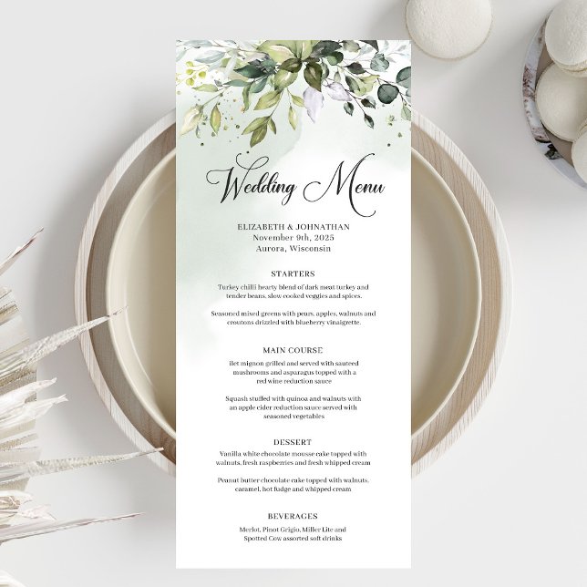 Greenery boho foliage eucalyptus wedding dinner menu (Greenery boho foliage eucalyptus wedding dinner menu)