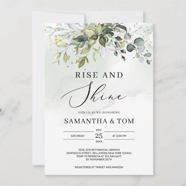 Greenery boho foliage rise and shine wedding invitation (Front)