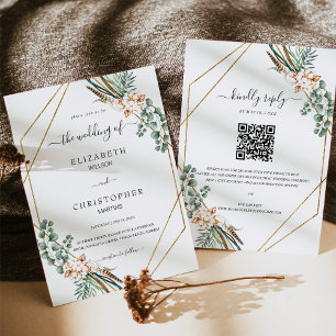Greenery Boho Geometric Frame QR Code RSVP Wedding Invitation