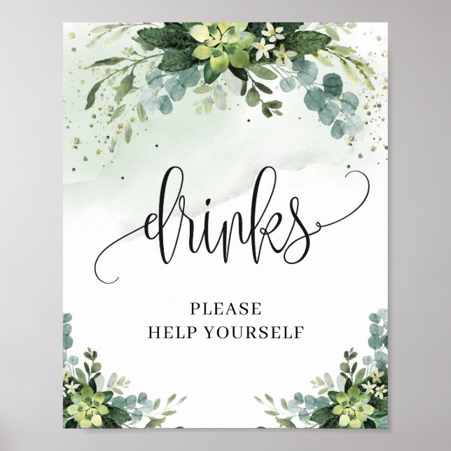 Greenery boho succulent floral foliage drinks sign (Front)