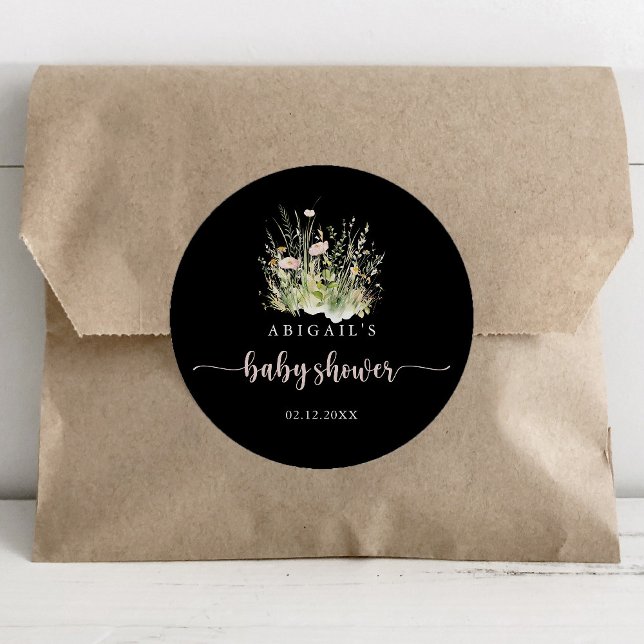 Greenery Boho Wildflower Black Baby Shower Favour  Classic Round Sticker (Creator Uploaded)