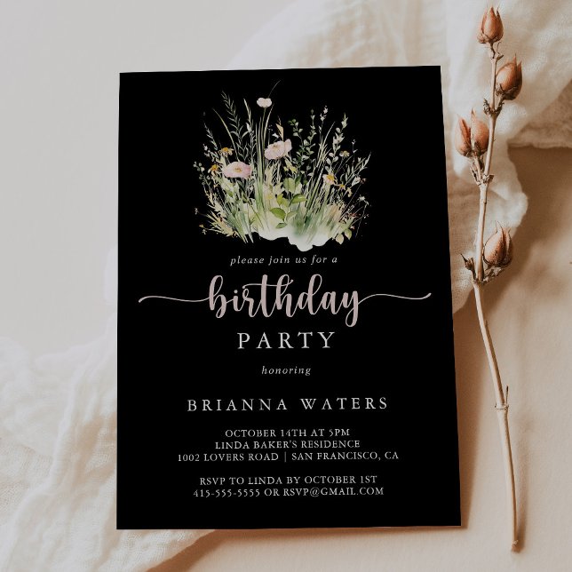 Greenery Boho Wildflower Black Birthday Party  Invitation (Creator Uploaded)