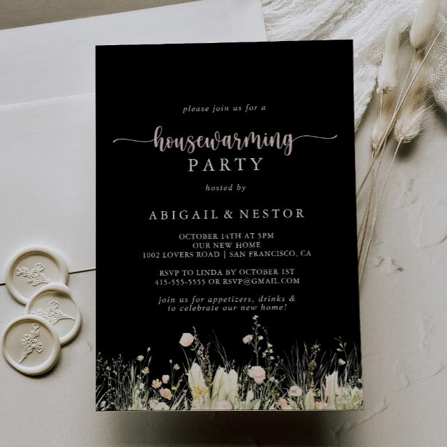 Greenery Boho Wildflower Black Housewarming Party  Invitation (Creator Uploaded)