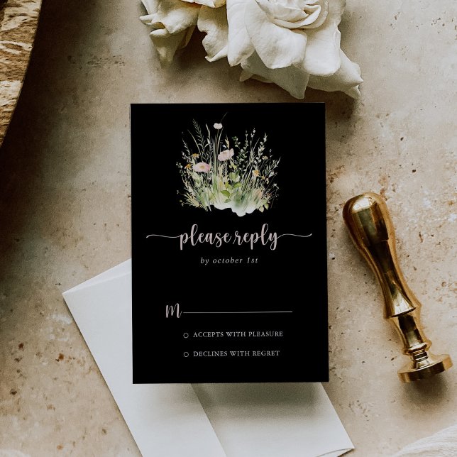 Greenery Boho Wildflower Black RSVP Card (Creator Uploaded)
