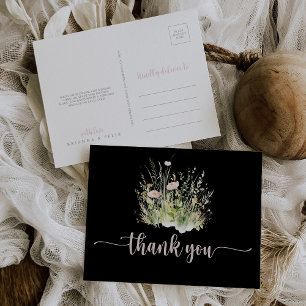 Greenery Boho Wildflower Black Thank You Postcard