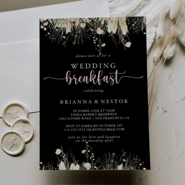Greenery Boho Wildflower Black Wedding Breakfast  Invitation (Creator Uploaded)