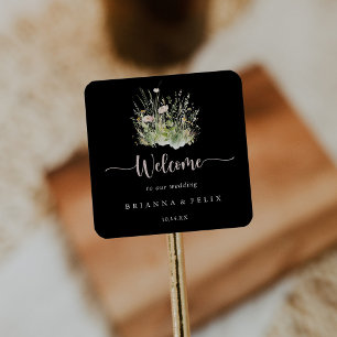 Greenery Boho Wildflower Black Wedding Welcome  Square Sticker