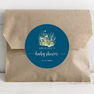 Greenery Boho Wildflower Navy Baby Shower Favour  Classic Round Sticker