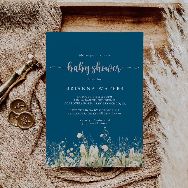 Greenery Boho Wildflower Navy Baby Shower Invitation (Creator Uploaded)
