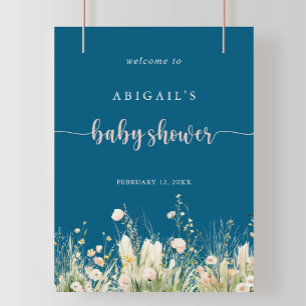 Greenery Boho Wildflower Navy Baby Shower Welcome  Poster