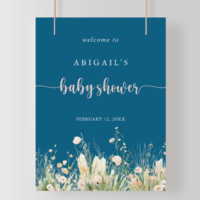 Greenery Boho Wildflower Navy Baby Shower Welcome  Poster (Creator Uploaded)