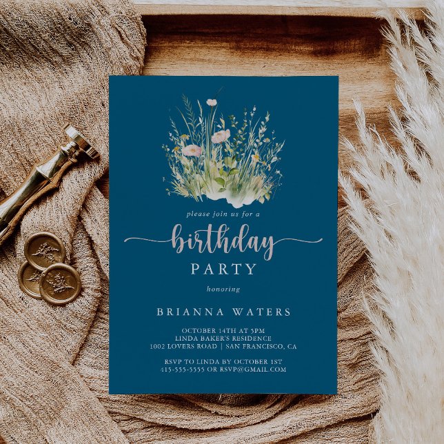 Greenery Boho Wildflower Navy Birthday Party  Invitation (Creator Uploaded)