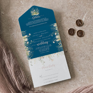 Greenery Boho Wildflower Navy Blue Wedding All In One Invitation